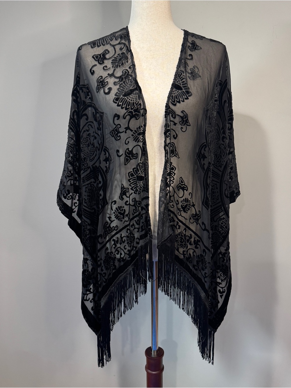 Mixit Black Velvet Burnout Sheer Fringe Kimono Wrap Whimsigoth Witchy One Size - Picture 2 of 15